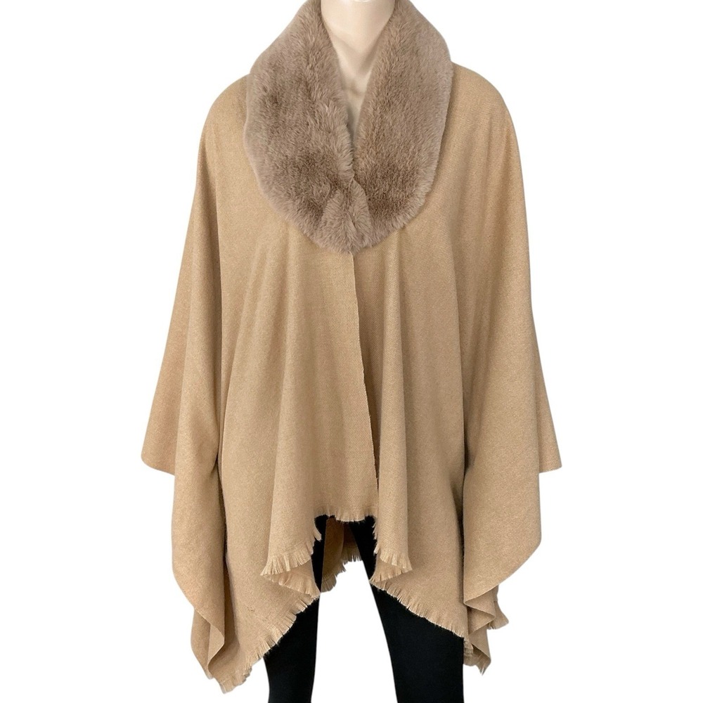 Liz Claiborne Cape Women One Size Fits Most Tan Cardigan Open Faux Fur Collar